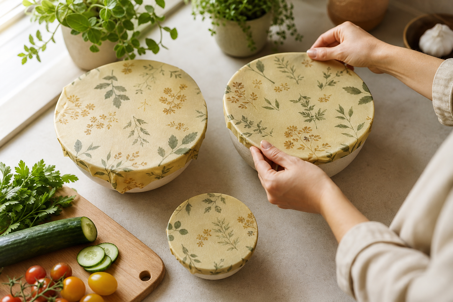 Beeswax wraps przykrywające miski w kuchni