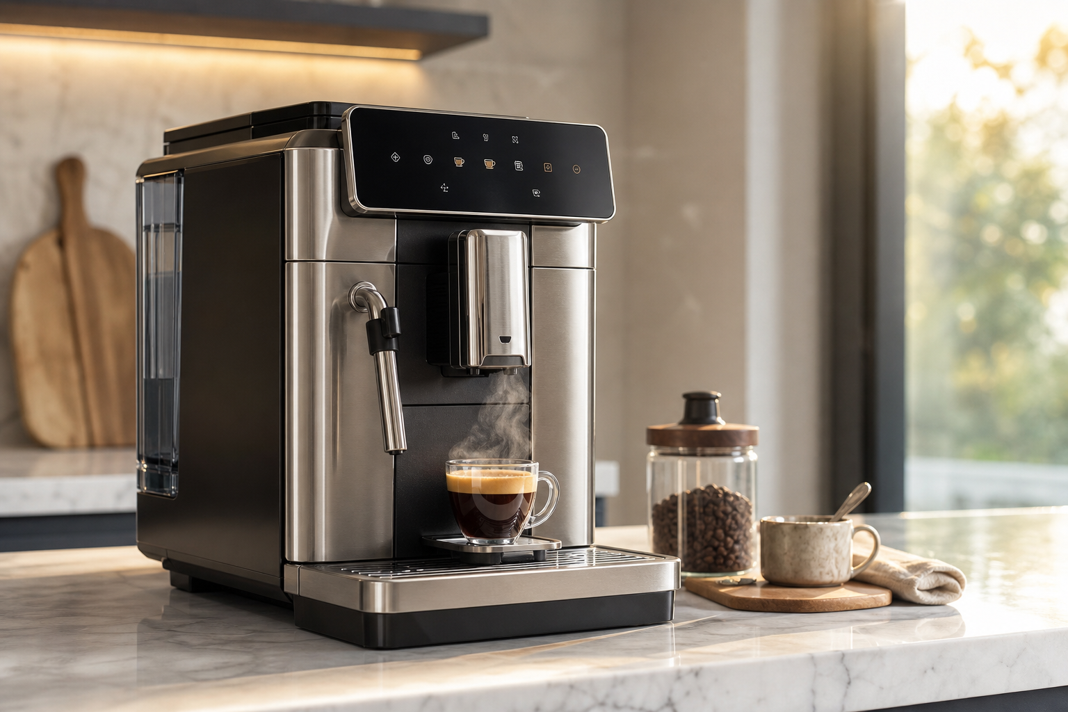 Elegancki ekspres do espresso na blacie kuchni