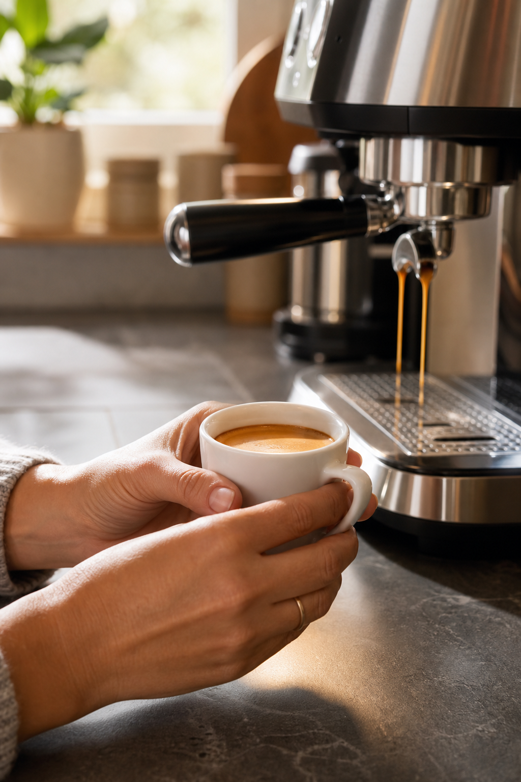 Kobieta z filiżanką espresso w nowoczesnej kuchni