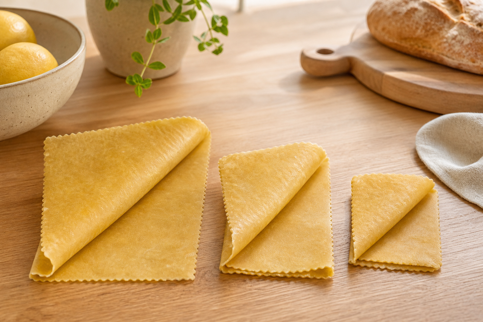 Trzy organiczne osłonki beeswax na drewnianym blacie