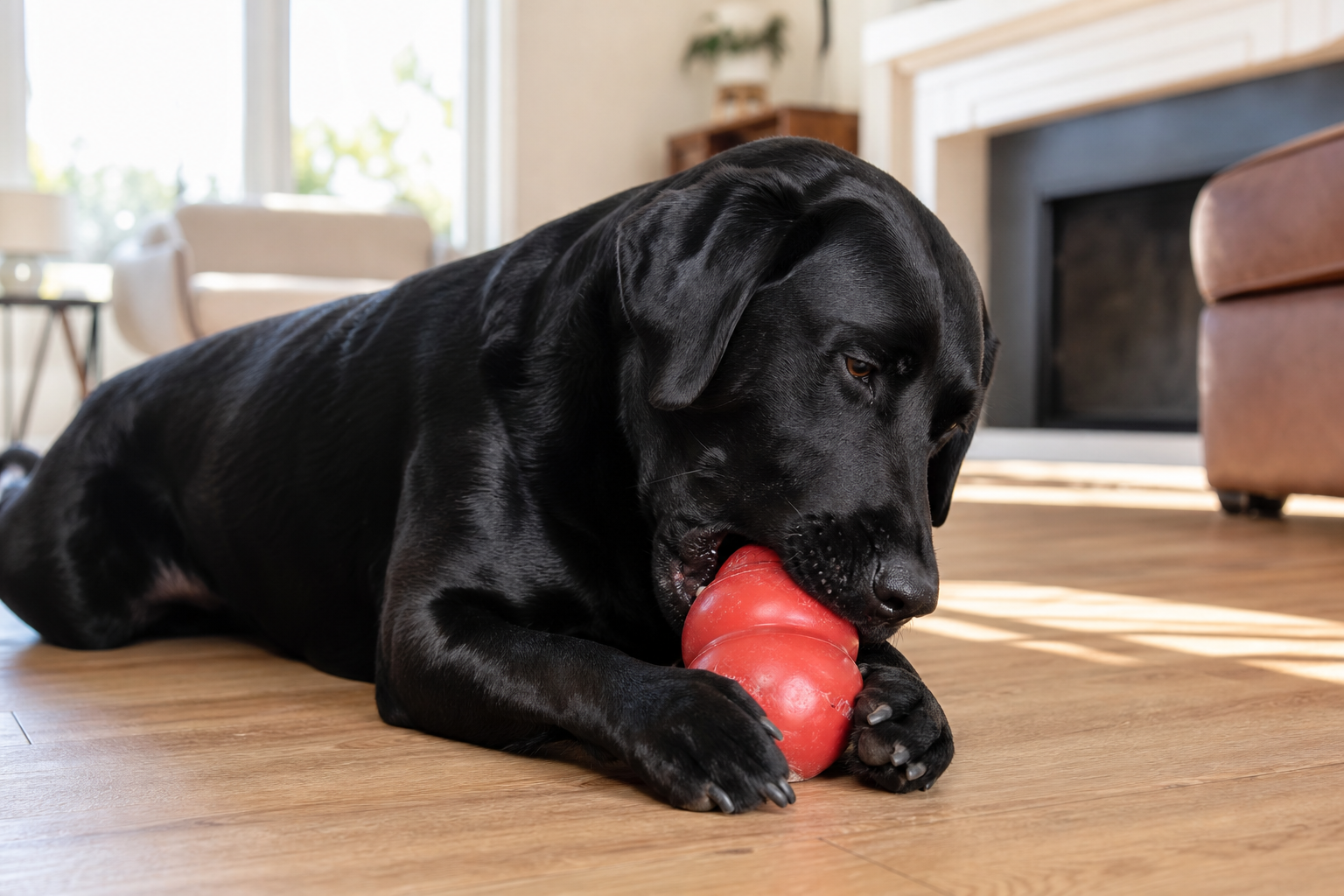 Duży czarny labrador żuje Kong Classic