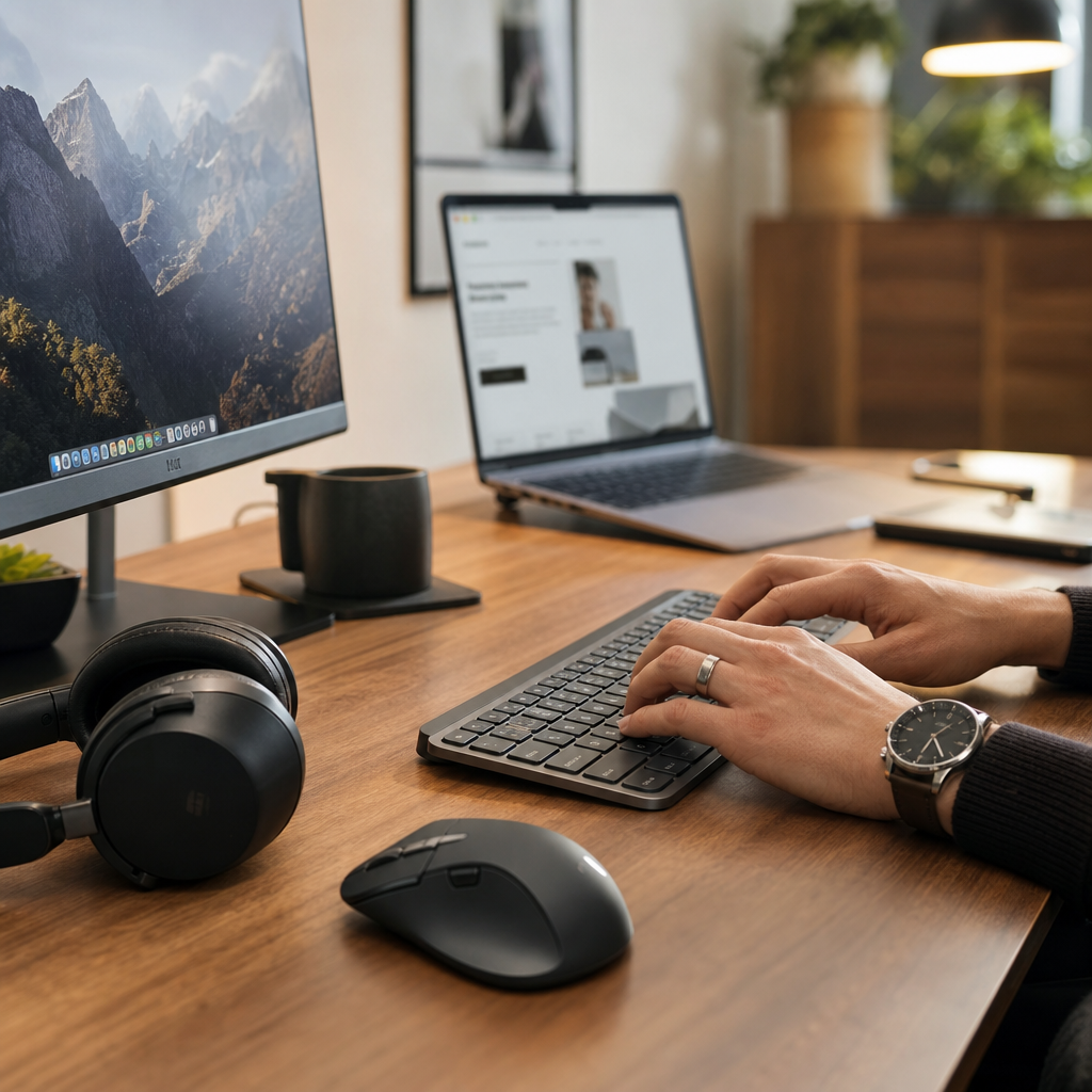 Pracownik używający sprzętu biurowego w home office