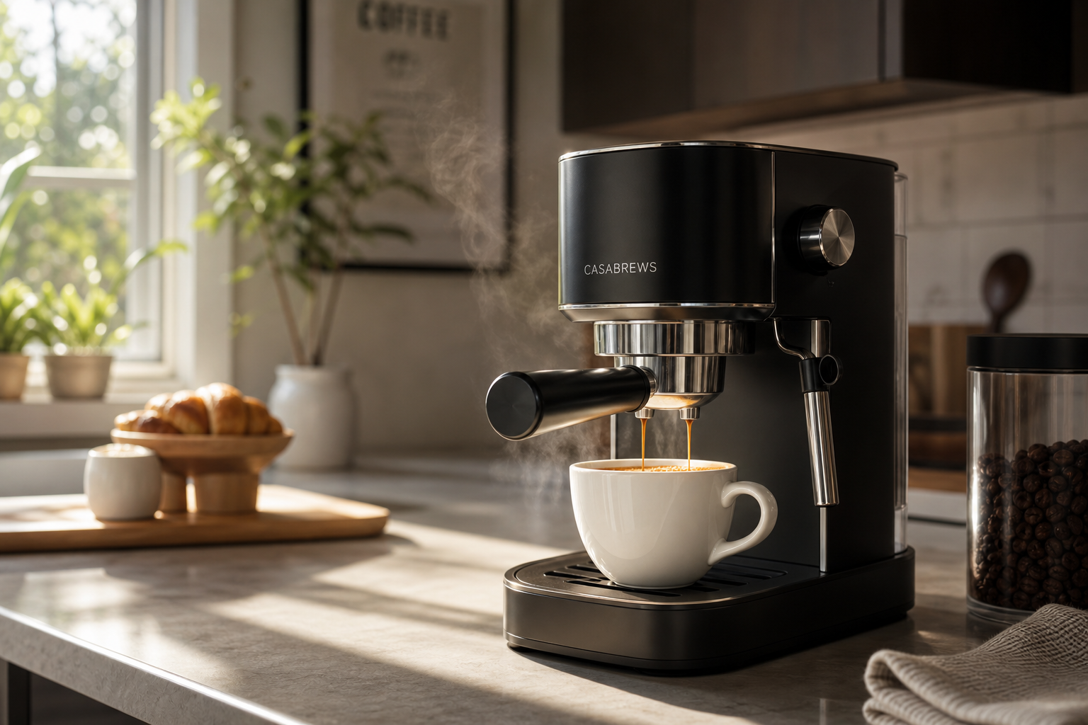 Ekspres do espresso w kuchni rano, świeża kawa z pianką