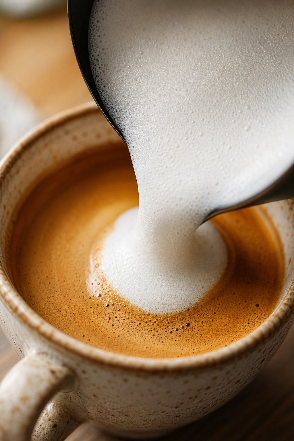Zbliżenie piany mleka przy kawie espresso
